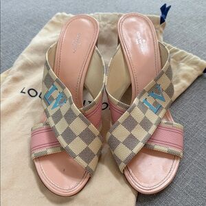 Louis Vuitton Pink & Beige Checkered Crisscross Slide Mules